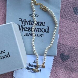 Women's White One Row Pearl Safety Pin Gold Orb Necklace